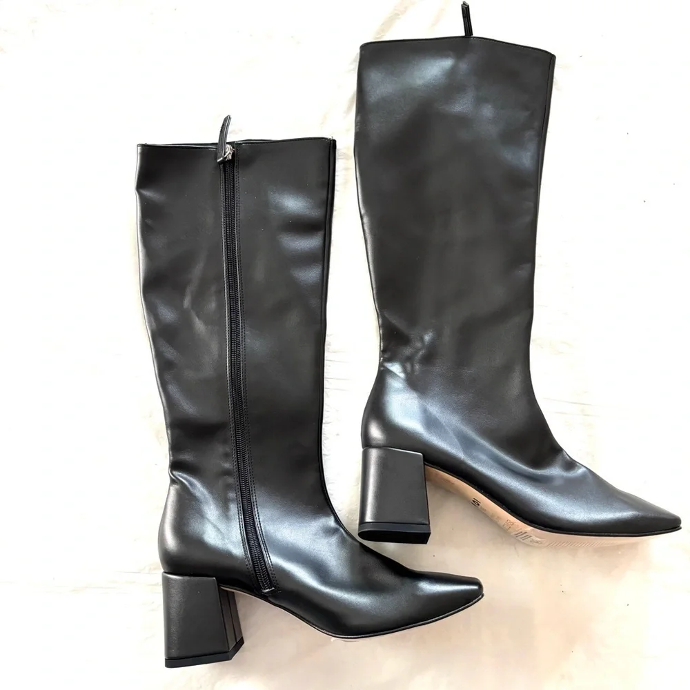 NWT SVEGAN Black Chalk Vegan Leather Heeled Knee High Boots SZ 5.5 - Picture 1 of 14